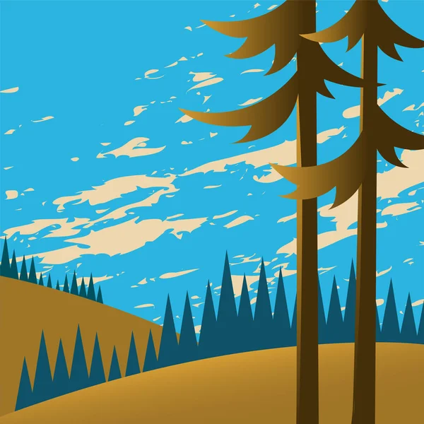 Paysage Avec Pins Forêts Champs Arrière Plan Ciel Nuages Beauté — Image vectorielle