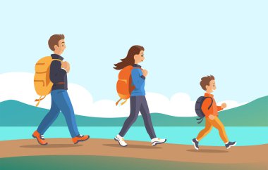 Mutlu aile doğada sırt çantalarıyla gezer. Baba, anne ve oğul göl boyunca yol boyunca yürüyorlar. Vektör çizgi film illüstrasyonu.