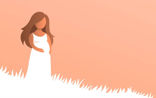 自然の中で美しい妊婦 草の上の白いドレスに立っている テキストのための場所とベクトルイラスト — ストックベクタ