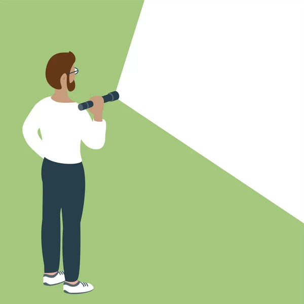 Jeune Homme Tient Debout Avec Une Lampe Poche Allumée Brille — Image vectorielle