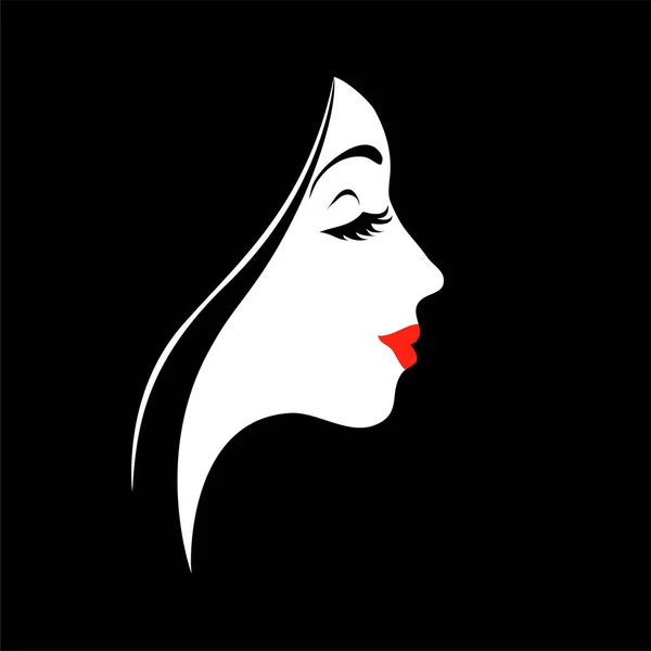 黒を背景に目を閉じた少女の美しい顔 赤い唇 美容室のロゴ ベクターファッションイラスト — ストックベクタ