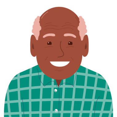 Mutlu bir gülümsemesi olan yaşlı bir adamın portresi. Afrikalı Amerikalı büyükbaba suratı. Gri saçlı. Gömlek giymişti. Beyaz arkaplanda düz vektör illüstrasyonu