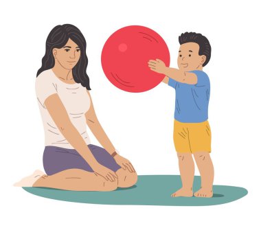 Anne yerde oturup küçük oğlunun küçük toplarla oynamasını, çocuk gelişimi, rehabilitasyon, terapi egzersizleri, ebeveynlik ve erken eğitim kavramlarını izliyor. Vektör izole illüstrasyonu