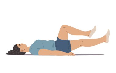 Bisiklet egzersizi yaparken sırtüstü uzanan kadının vektör çizimi. Karın kaslarını güçlendirir, kilo kaybı, zindelik, rehabilitasyon ve figür düzeltmesini sağlar