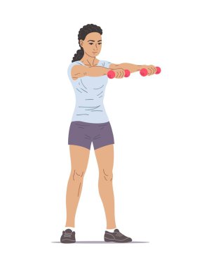 Genç ve formda bir kadının dambılları ayakta kaldırışının vektör çizimi. Egzersiz omuz, kol ve duruşunu güçlendirir. Fitness, ev eğitimi ve sağlık