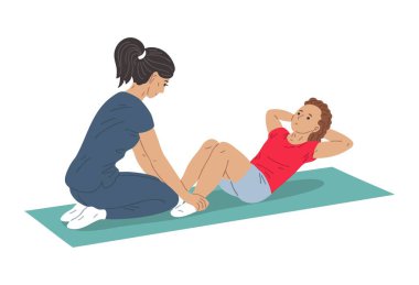 Fizyoterapist kadının karın egzersizinde okul kızına yardım edişinin vektör çizimi. Rehabilitasyon, terapi, iyileşme ve pediatrik fizyoterapi seansı
