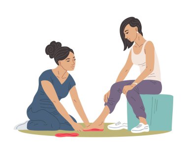 Kadın ortopedik doktorun kadın ortopedi tabanları için vektör çizimi. Podoloji, ayak sağlığı, düzeltme ve tıbbi terapi kavramı