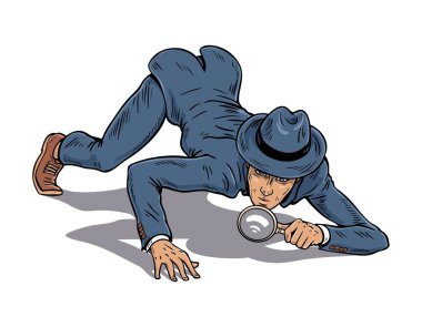 Çizgi roman sanatının el yazısı, yerde sürünen ve büyüteçle ipucu arayan retro şapkalı erkek dedektifin ana hatlarını çiziyor. Gizli ajan, casus, gözetleme ve soruşturma konsepti