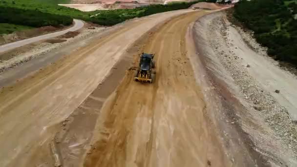 Construcción Carreteras Vuelo Dron Cantera Arena Con Maquinaria Pesada Viejo — Vídeo de stock