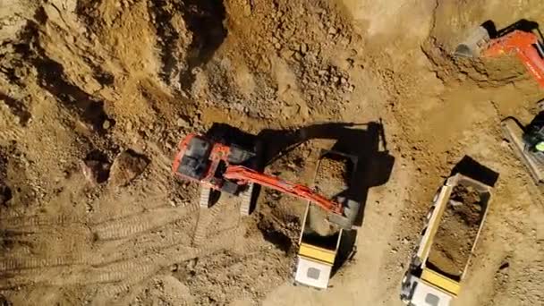 挖掘机与卡车 在重型卡车中装载挖土 挖掘机装载机装载铲运卡车中的沙 — 图库视频影像
