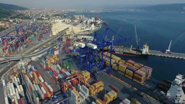 Harbor Transportation Loaded Cargo Ship Blue Sea Aerial View Sea — Stock Video