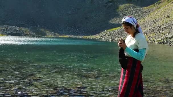 美人女性編み靴下 湖畔と編み物 — ストック動画