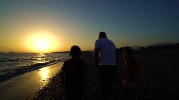 在日落时玩父亲 家庭在日落海滩 — 图库视频影像
