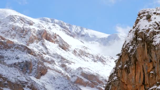 Homem Com Mochila Topo Montanha Nevado Pose Vencedora Com Vista — Vídeo de Stock