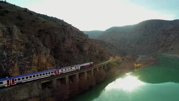 Поїзд Подорожує Бездоріжжю Осінь Попереду Рейки — стокове відео