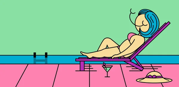 Illustration Girl Lying Pool Sunbathing Enjoying Life Vacation Colorful Background — Stock Vector