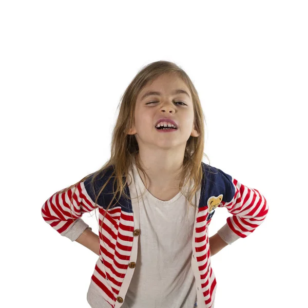 Portrait Cute Girl Makes Unhappy Expression Photographed White Background — Stock Photo, Image