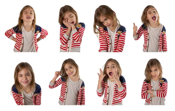 Portrait Cute Girl Makes Unhappy Expression Photographed White Background — Stock Photo, Image