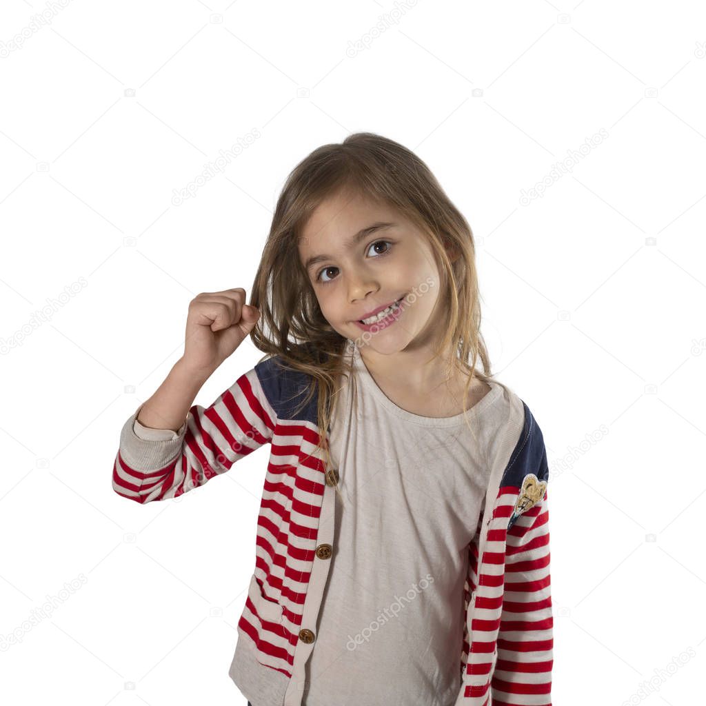 Portrait of a cute girl makes an unhappy expression. Photographed on a white background.
