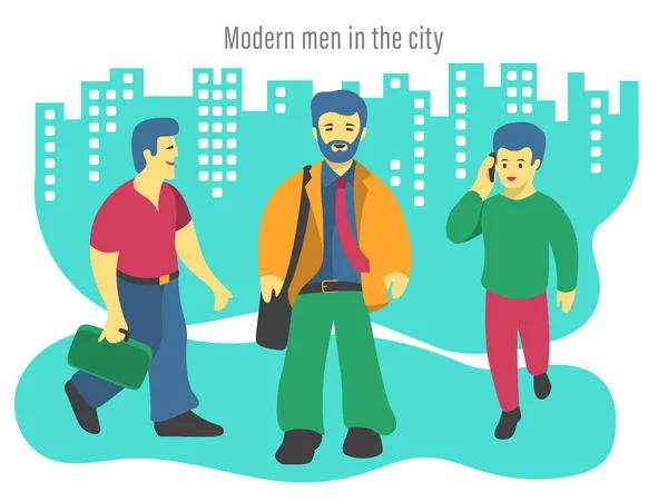 Ilustración Tres Hombres Negocios Modernos Ciudad Ambiente Lindo Divertido Diseño — Vector de stock