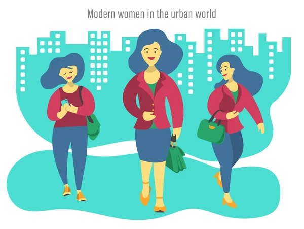 Ilustración Tres Mujeres Negocios Modernas Mundo Urbano Ambiente Lindo Divertido — Vector de stock