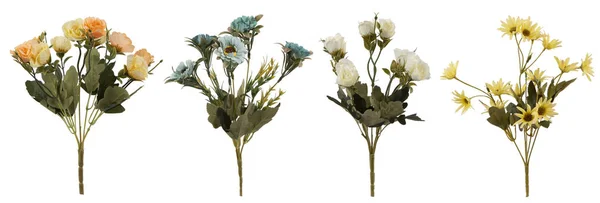 Conjunto Belas Flores Artificiais Para Decoração Dispostas Uma Fileira Isoladas — Fotografia de Stock