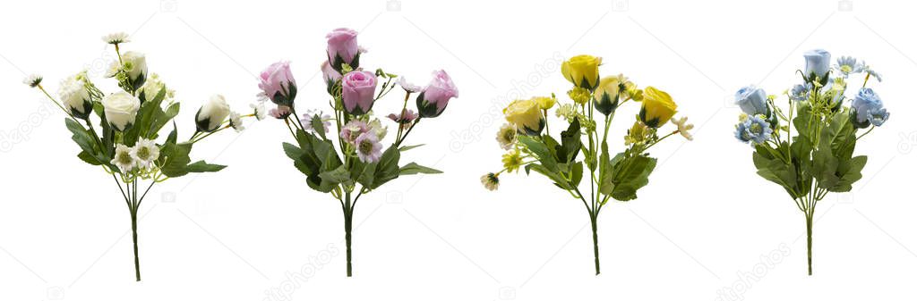Set of beautiful artificial flowers for decoration arranged in a row and isolated on a white background  Horizontal format