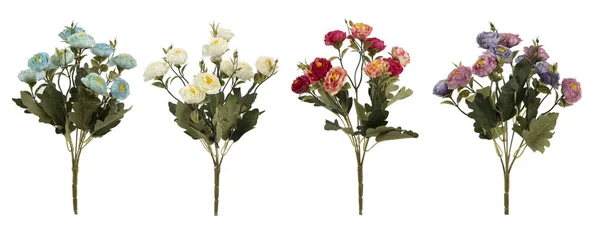 Ensemble Belles Fleurs Artificielles Pour Décoration Disposées Rangée Isolées Sur — Photo
