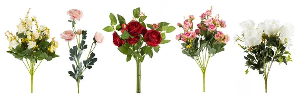 Uppsättning Vackra Konstgjorda Blommor För Dekoration Arrangerade Rad Och Isolerade — Stockfoto