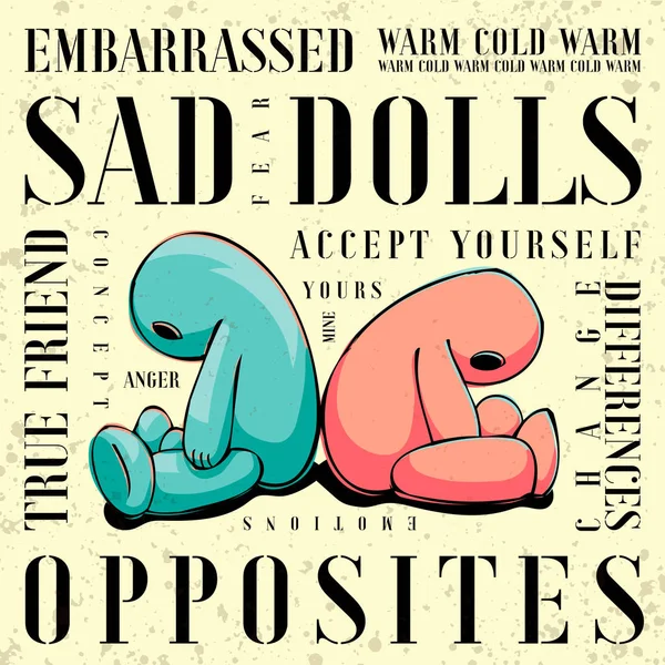 Illustration Sad Dolls Sitting Back Back Emotions Friendship Autism Acceptance — Stock Vector
