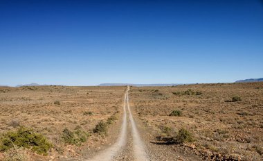 mavi gökyüzü arka plan, Güney Afrika savana ufukta çöl uzanan içinde yer yol
