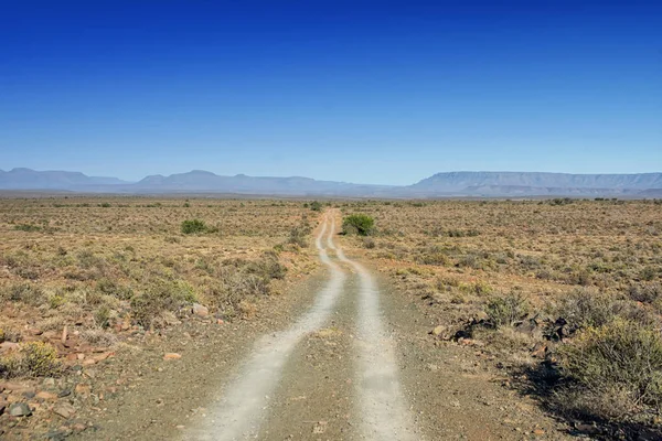青い空を背景 南部アフリカのサバンナの地平線に砂漠をストレッチで地上道路 — ストック写真
