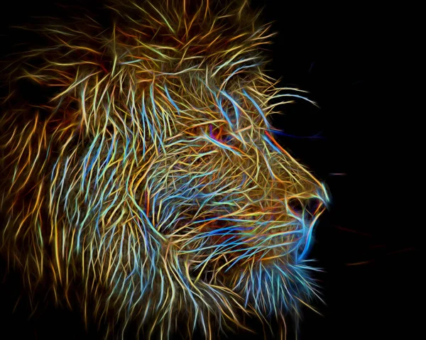 Neon Glow Portrait Male Lion Black Background — Stock Photo, Image