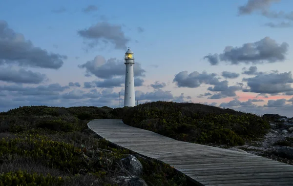 Coucher Soleil Doux Sur Océan Avec Phare Éclairé — Photo