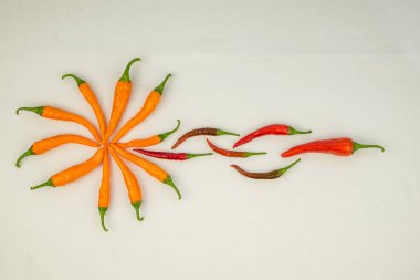 beyaz bir arka plan üzerinde kırmızı ve sarı acı biber