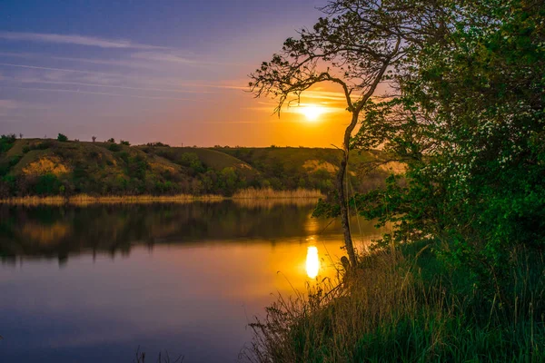 Très Beaux Paysages Nocturnes Nocturnes Colorés Sur Rivière Seversky Donets — Photo