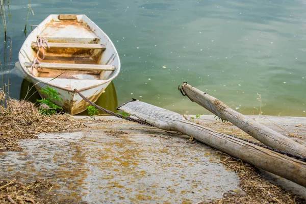 Старая Деревянная Лодка Зеленоватая Грязная Река Рядом Старым Деревянным Веслом — стоковое фото