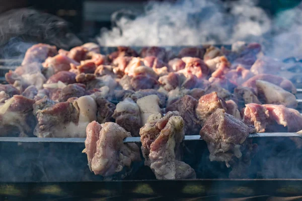 Grilled meat, Golden pork with skewers and wooden handles. A lot of smoke in the process of cooking fragrant meat dishes in nature. Summer kitchen. Raw meat on fire.