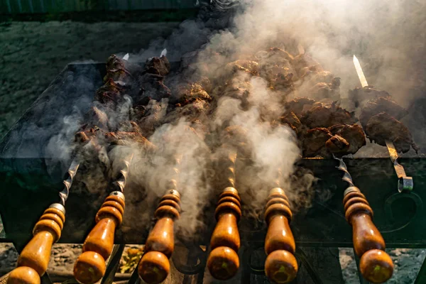 Carne Grelhada Porco Dourado Com Espetos Cabos Madeira Muita Fumaça — Fotografia de Stock