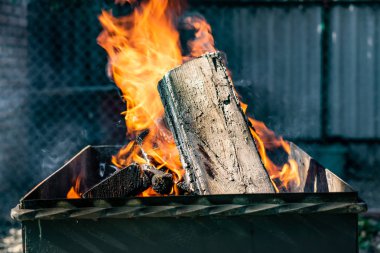 Metal ızgara, sahte, el yapımı, bir desen ile. Dumanlı Barbekü ve ızgara ürünleri için ahşap sıcak bir ateşe verdim. Güneşli bir günde dışarıda.