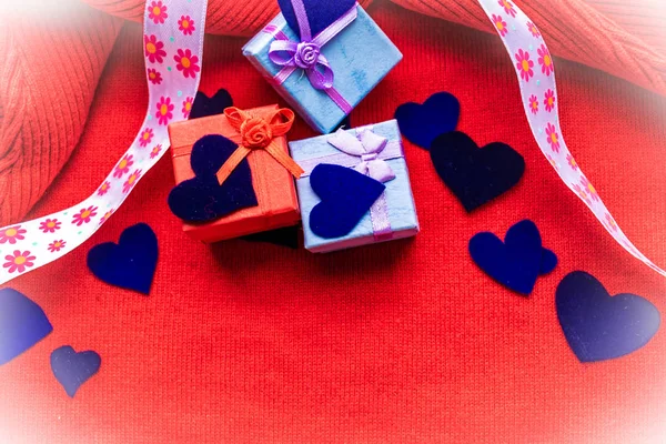 Blue Velvet Hearts Red Fabric Background Gift Boxes Valentine Day — Stock Photo, Image