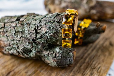 Güzel ve modaya uygun kadın mücevherleri, altın bir tabanda zarif büyük sarı taşlar, kare şeklinde, ağaç kabuğunda asılı ve ahşap doğal çıkıntılar.