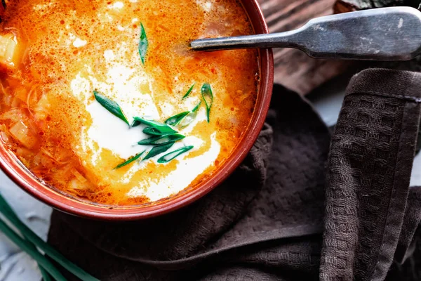 A portion of red borscht in a brown plate, next to an old wooden Board garlic and quail egg, green leeks and driftwood. White sour cream in the soup, next to an old Polish spoon — Stock Image Portion Red Borscht Brown Plate Next Old Wooden Board Garlic Stock Photo