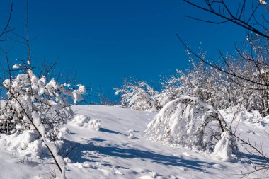 Uçsuz bucaksız kar manzarası. Rusya 'da nehir ve tepeler, arazide beyaz kış, güzel mavi gökyüzünün altında bir sürü yumuşak kar ve buz. Rostov bölgesi, Shakhty kasabası, Gruşevka nehri. 