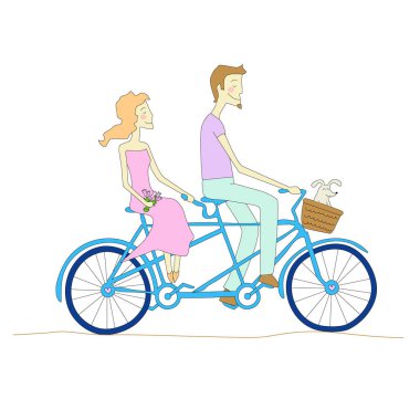 Bir köpeğin üstüne bir bisiklet ile mutlu bir aşk ile vektör Sevgililer günü tebrik kartı