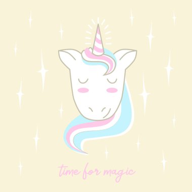 Sihirli şirin tek boynuzlu at, yıldız, poster, tebrik kartı, konturlu illüstrasyon vektör