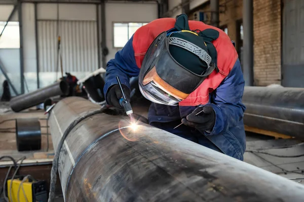 Montaje Conjuntos Tuberías Taller Ensamblaje Utilizando Soldadura Por Arco Argón — Foto de Stock