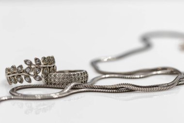 Yılan ile zarif gümüş zincir örgü ve Gümüş Yüzükler klasik şeklinin ve yaprakları ile bir dalı şeklinde