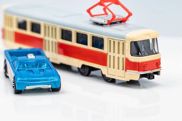 Toy Red Yellow Tram Toy Blue Car Close — Stock Photo, Image