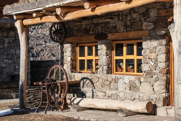 Restored Balkar Hut Made Large Stones Wood Wool Processing Machine — Stock Photo, Image